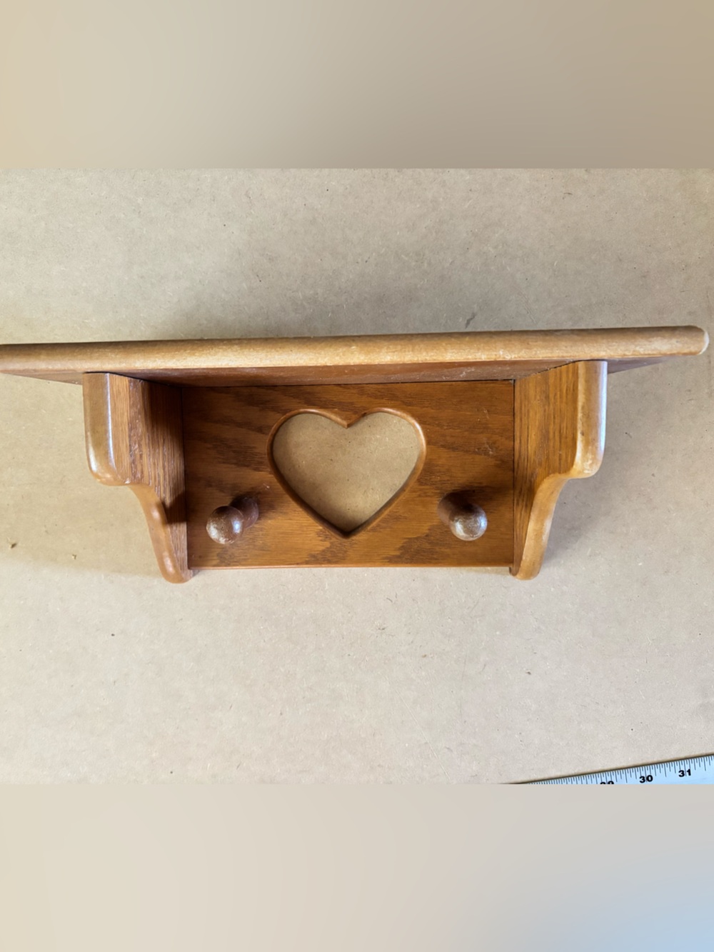 Hand Crafted Wooden Heart Hook Shelf in Light Brown